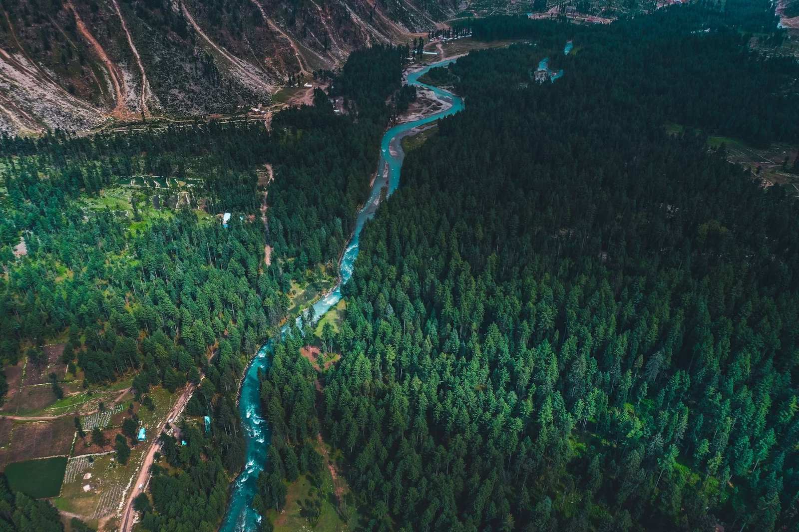 Aerial view of the Panjkora river winding through the Kumrat forest