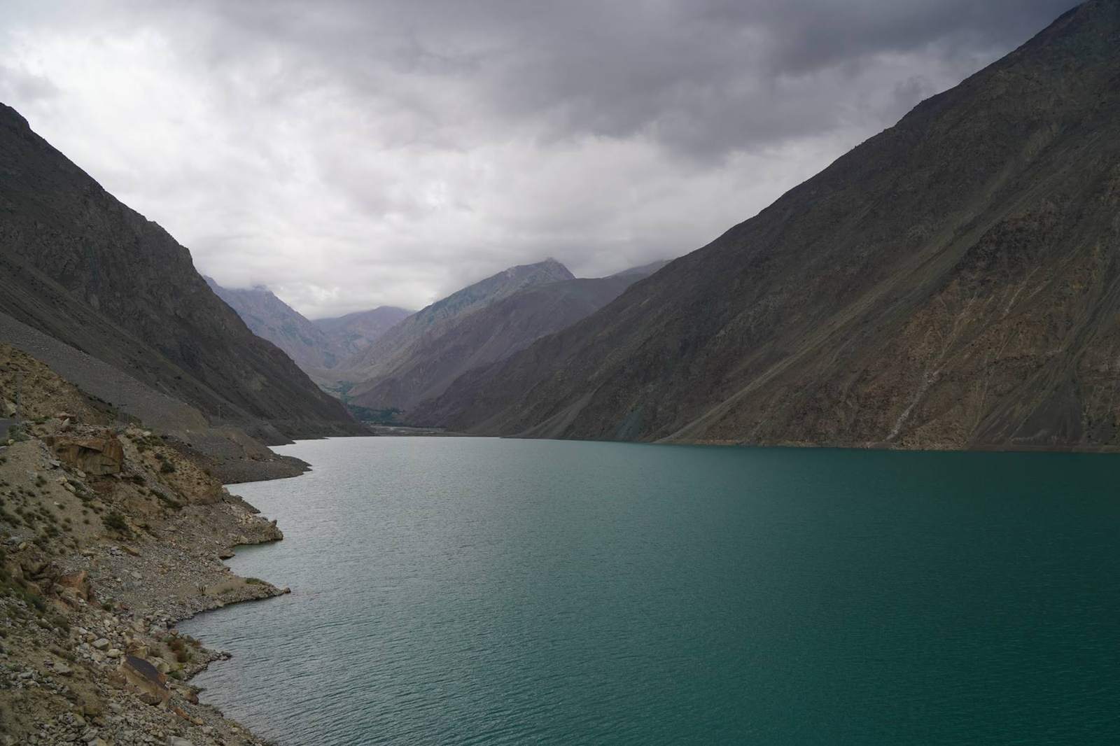 Satpara lake in Skardu under storm clouds