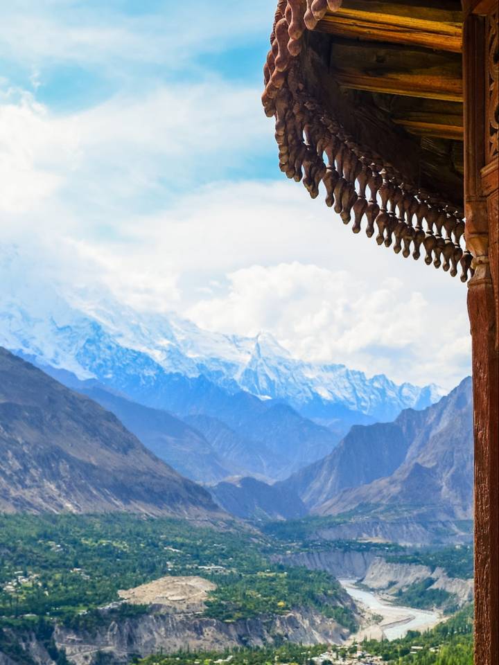 View of Rakaposhi and the Hunza valley from a carved balcony of Baltit Fort