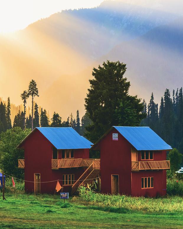 Red wooden cabins with blue roofs under sun rays in a pine valley