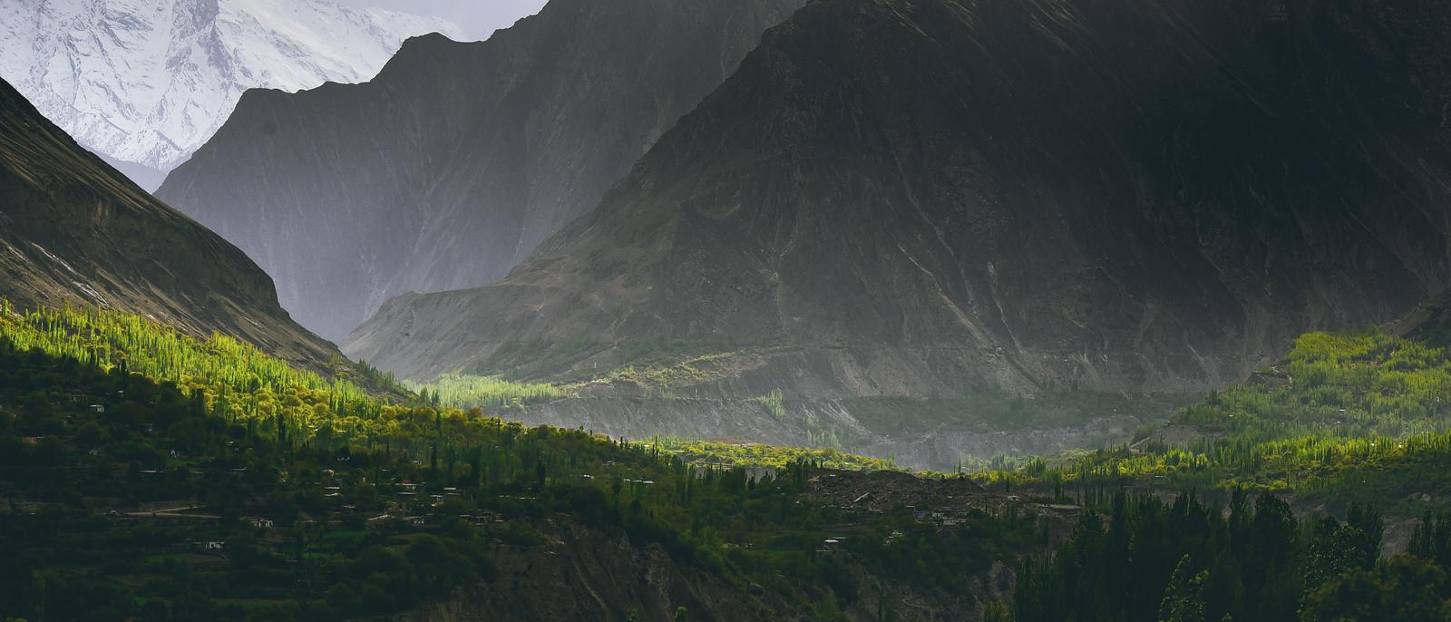 Sunlight breaking over green poplars in the Hunza valley below dark mountains